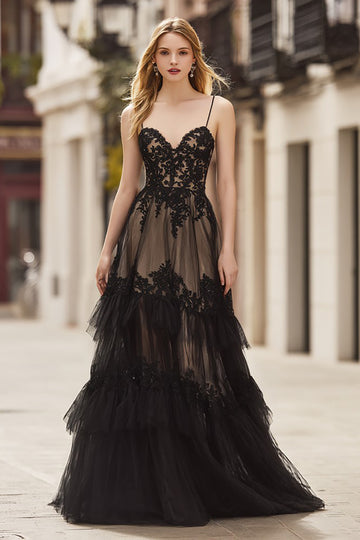 Black A Line Ruffled Lace Spaghetti Straps Prom Dress